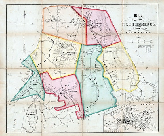 1849 Town Map Of Northbridge Massachusetts Etsy