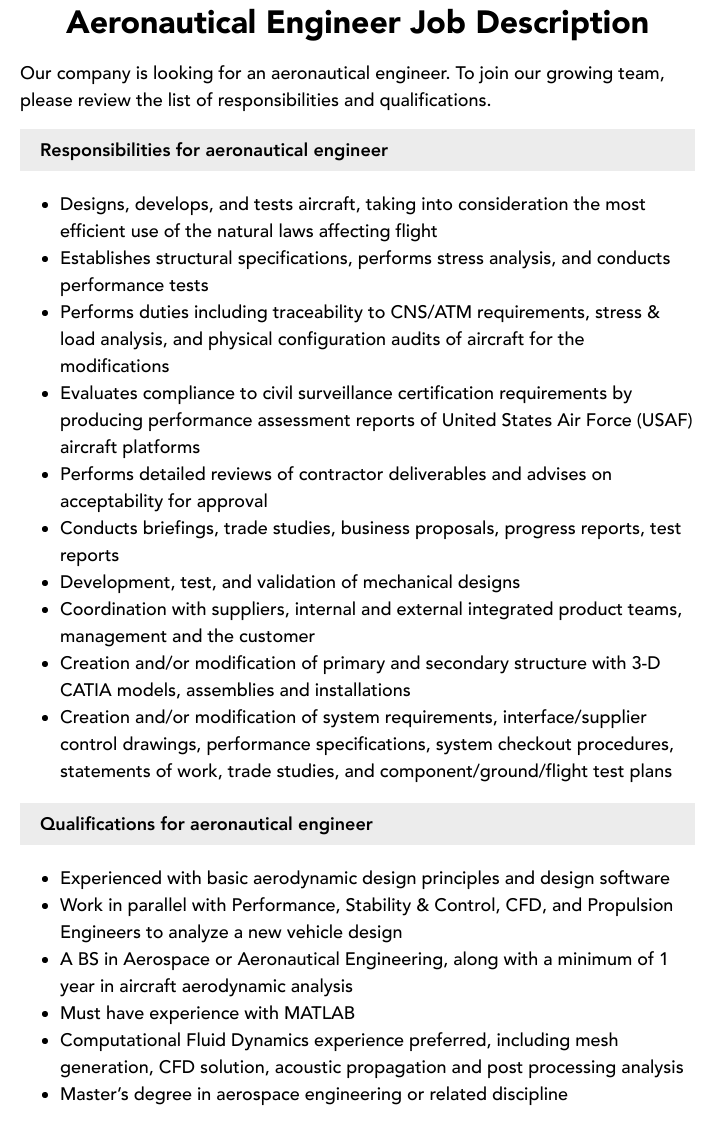 Aeronautical Engineer Job Description