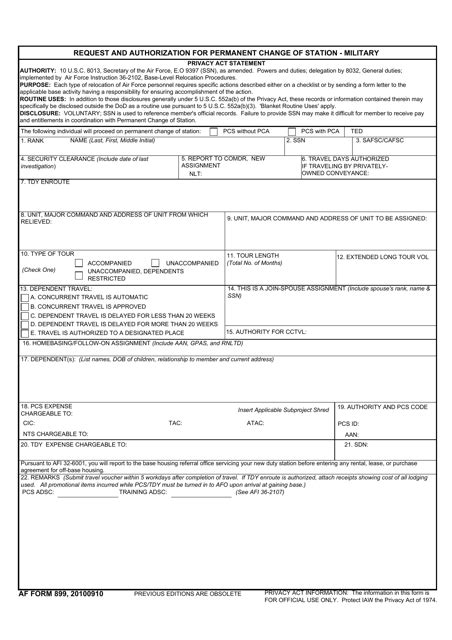 Af Form 899 Download Fillable Pdf Or Fill Online Request And