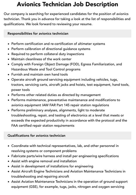 Avionics Technician Job Description