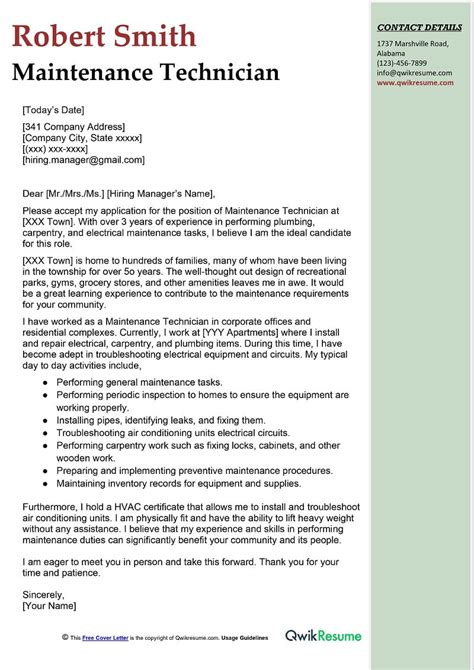 Best Maintenance Technician Cover Letter Examples Livecareer