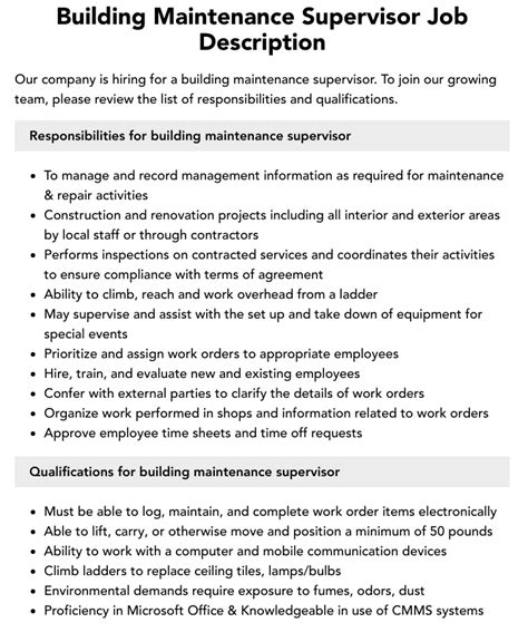 Building Maintenance Supervisor Job Description Velvet Jobs