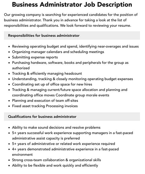 Business Administrator Job Description Velvet Jobs