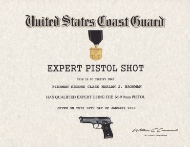 Coast Guard Expert Pistol Badge Certificate