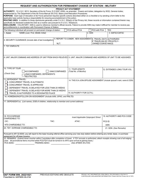 Daf Form 899 Request And Authorization For Permanent Change Of