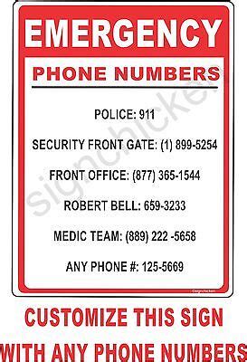 Emergency Phone Number Sign Customizable Home Safety Business Sign