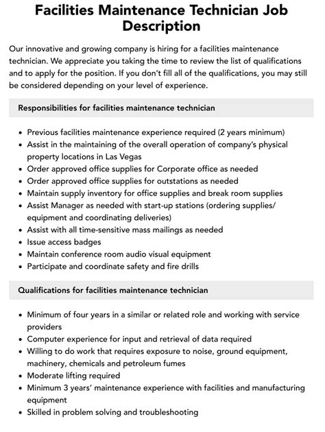 Facilities Maintenance Technician Job Description Velvet Jobs