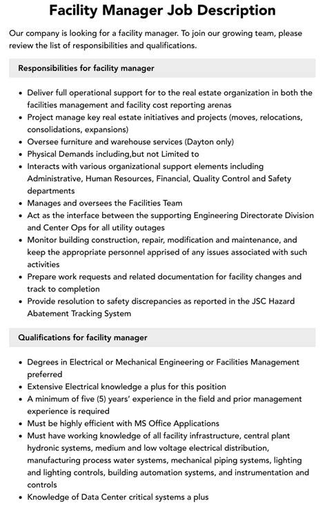 Facilities Manager Job Description Job Description Facility