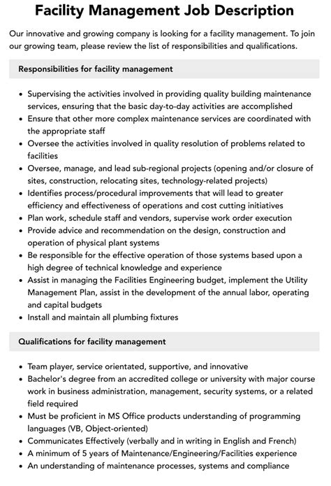 Facilities Manager Job Description