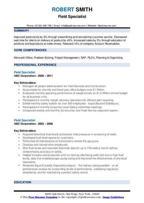 Field Specialist Resume Samples Qwikresume