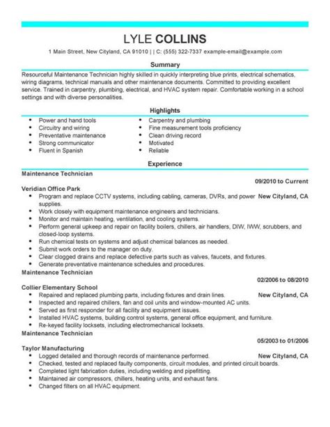 Free Professional Resume Examples Livecareer Maintenance Technician Job Description Template And