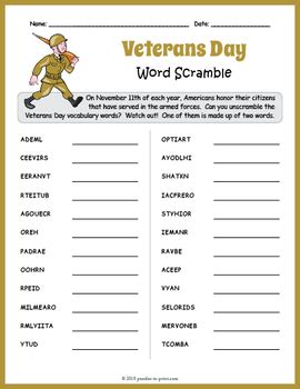 Free Veterans Day Word Scramble Worksheet By Puzzles To Print Tpt