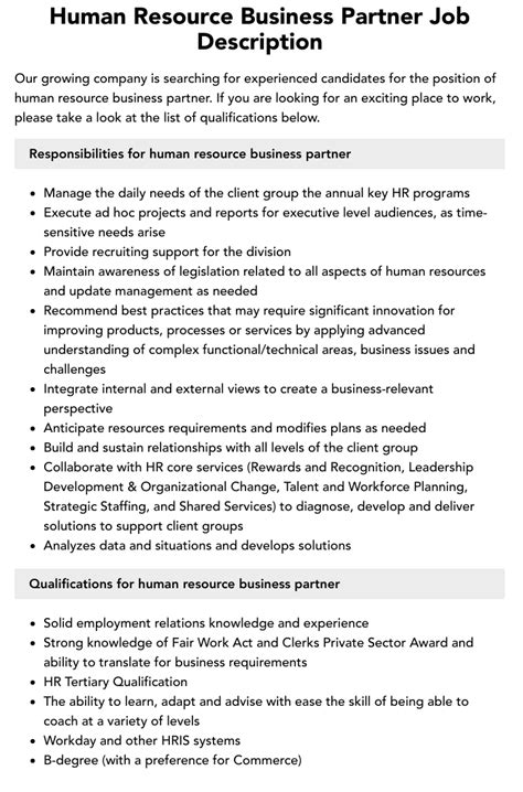 Human Resources Business Partner Job Description Velvet Jobs