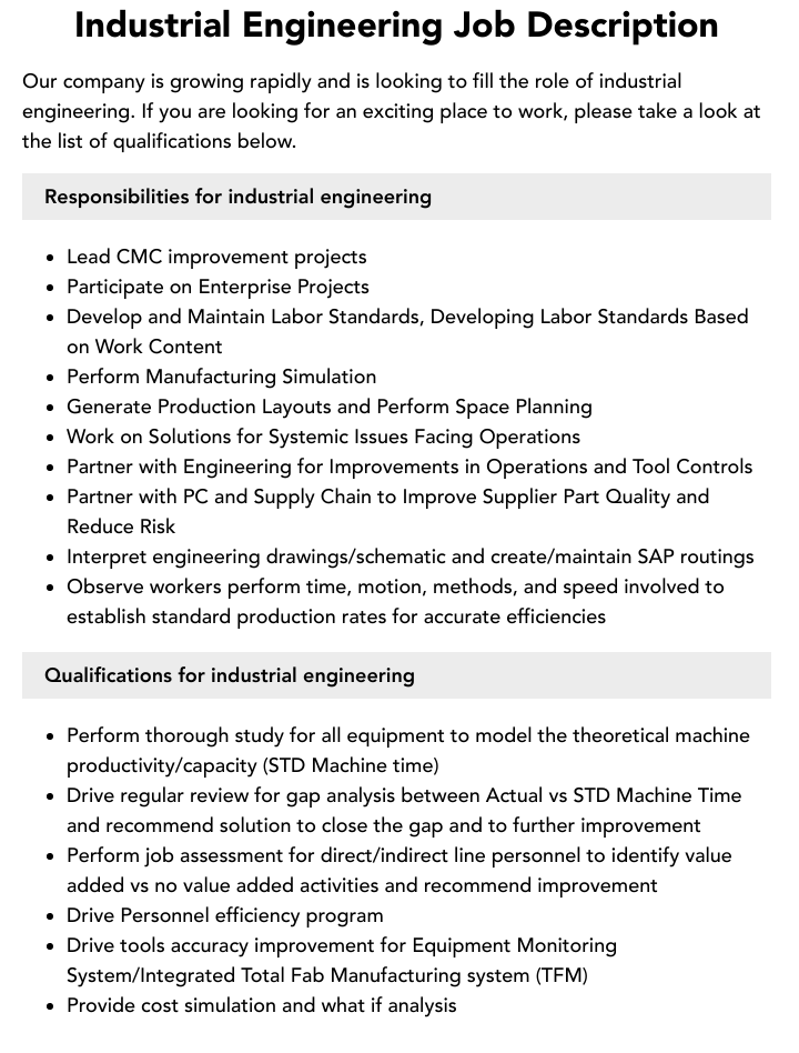 Industrial Engineering Job Description Velvet Jobs