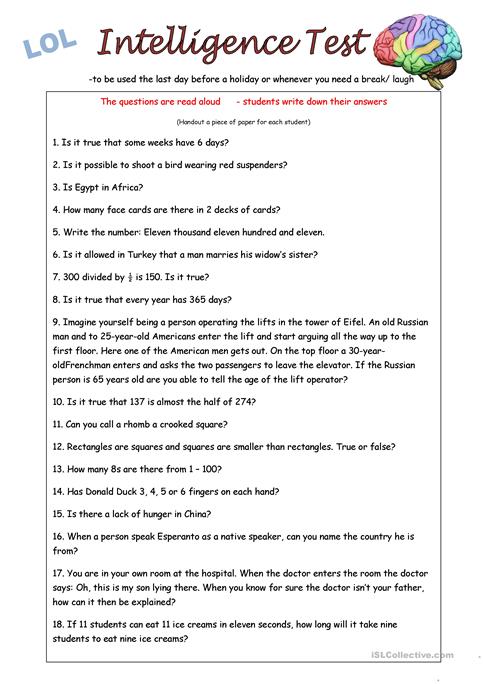 Iq Questions With Answers Iq Test Worksheets