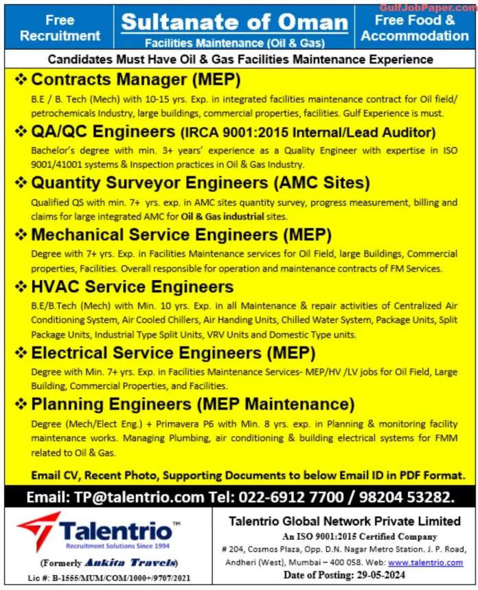 Job Openings In Oman Facilities Maintenance Oil Amp Gas Gulf Job Paper