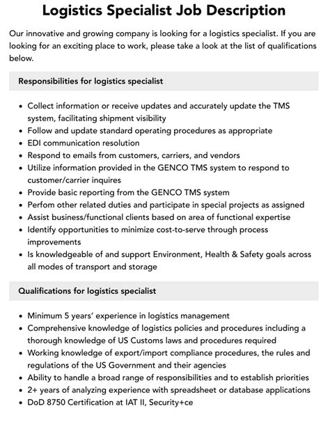 Logistics Specialist Job Description