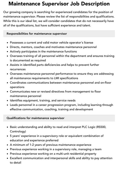 Maintenance Supervisor Positions