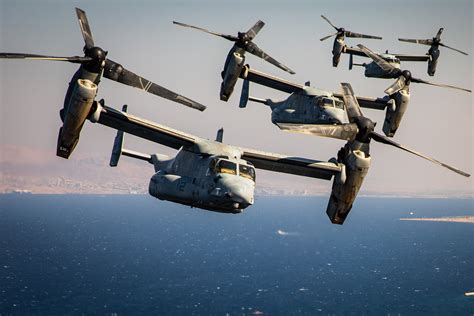 Marines Fly Multiple Mv 22 Ospreys During A Simulated Air Raid In