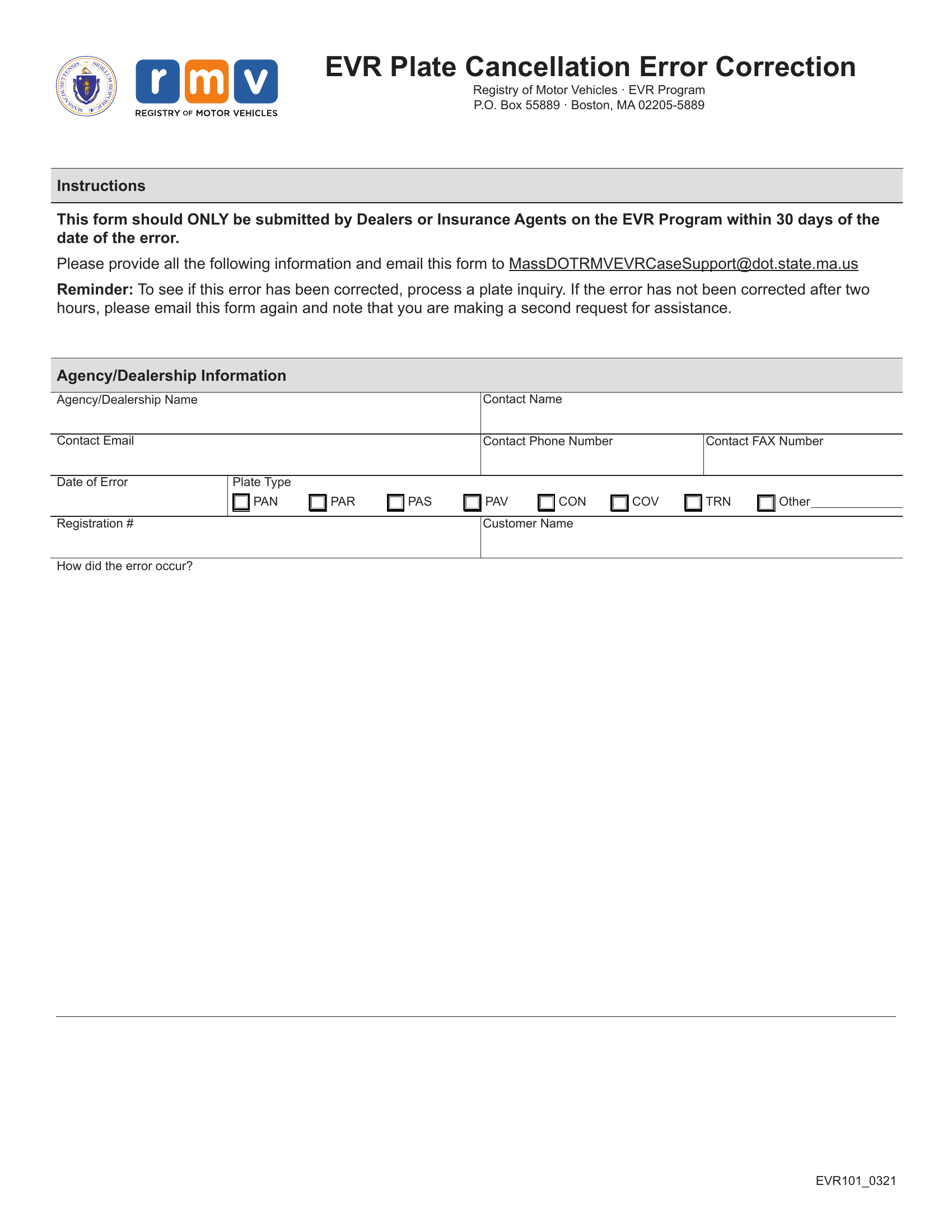 Mass Rmv Evr Plate Cancellation Error Correction Forms Docs 2023