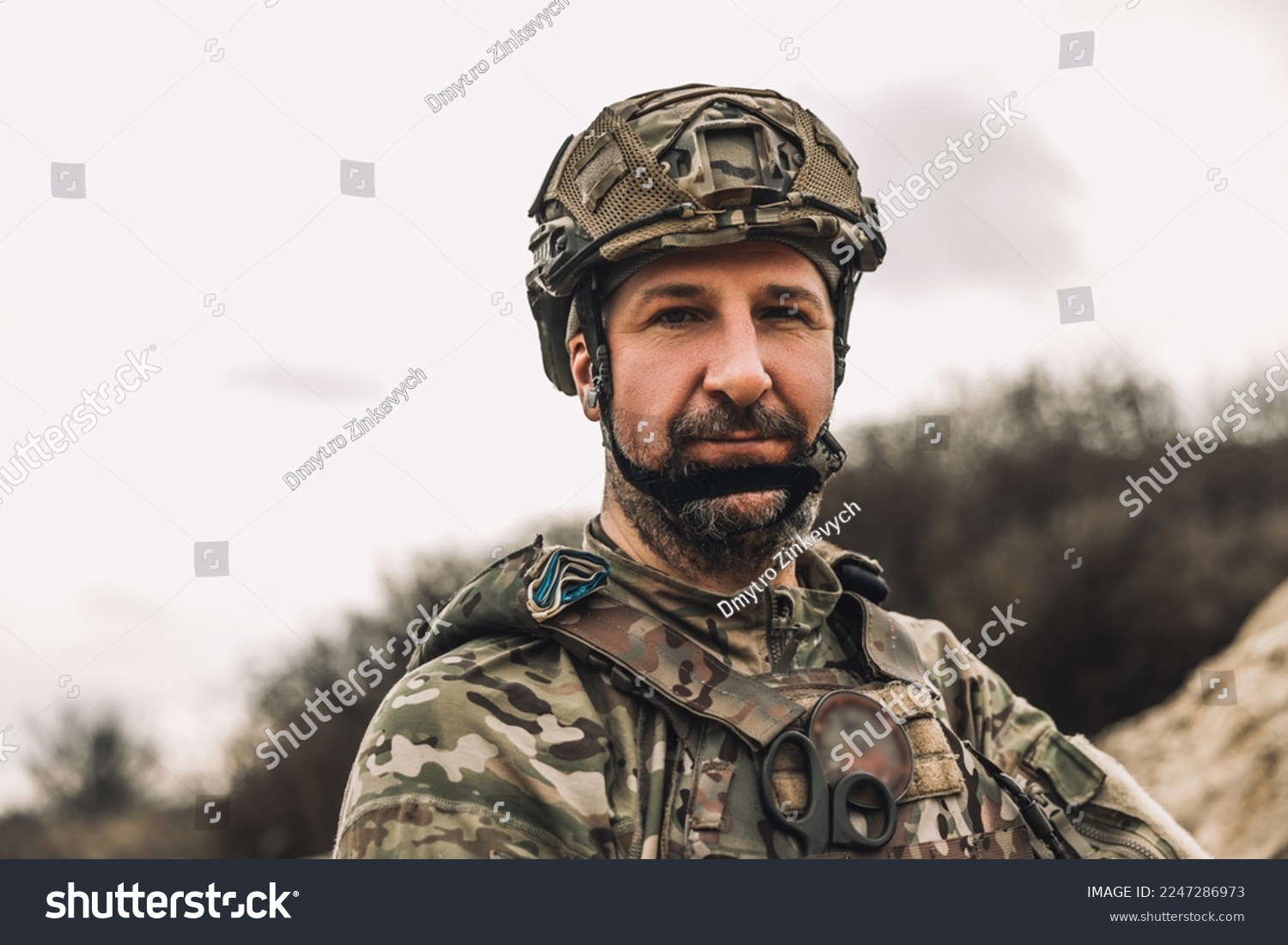 Mature Man In Military Uniform And Protective Hemlet Stock Image