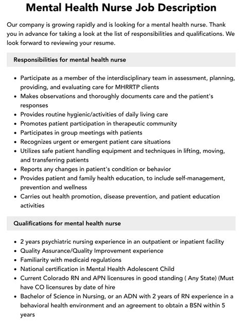 Mental Health Nurse Job Description Velvet Jobs