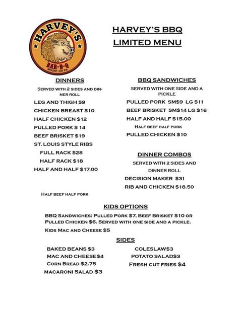 Menu At Harvey S Main Street Bbq Mount Joy