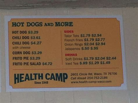 Menu At Health Camp Fast Food Waco