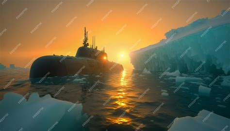 Military Nuclear Submarine Maneuvers In Arctic Waters Amidst Icebergs