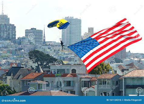 Navy Parachuter With American Flag San Francisco City In Background Editorial Photo Image Of