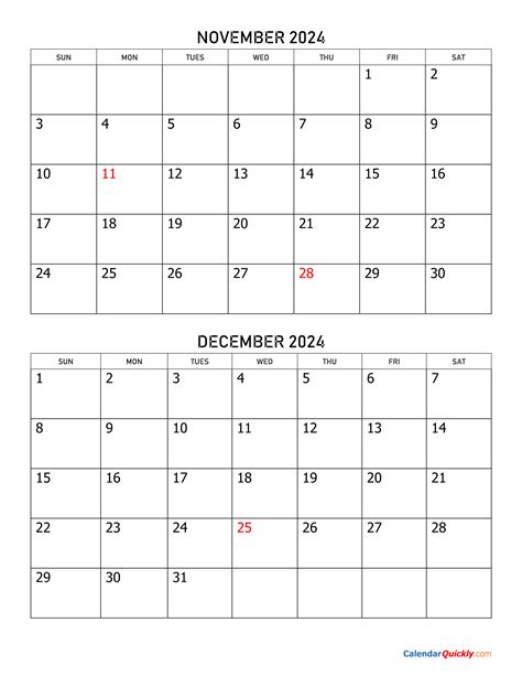 November December 2024 Calendar