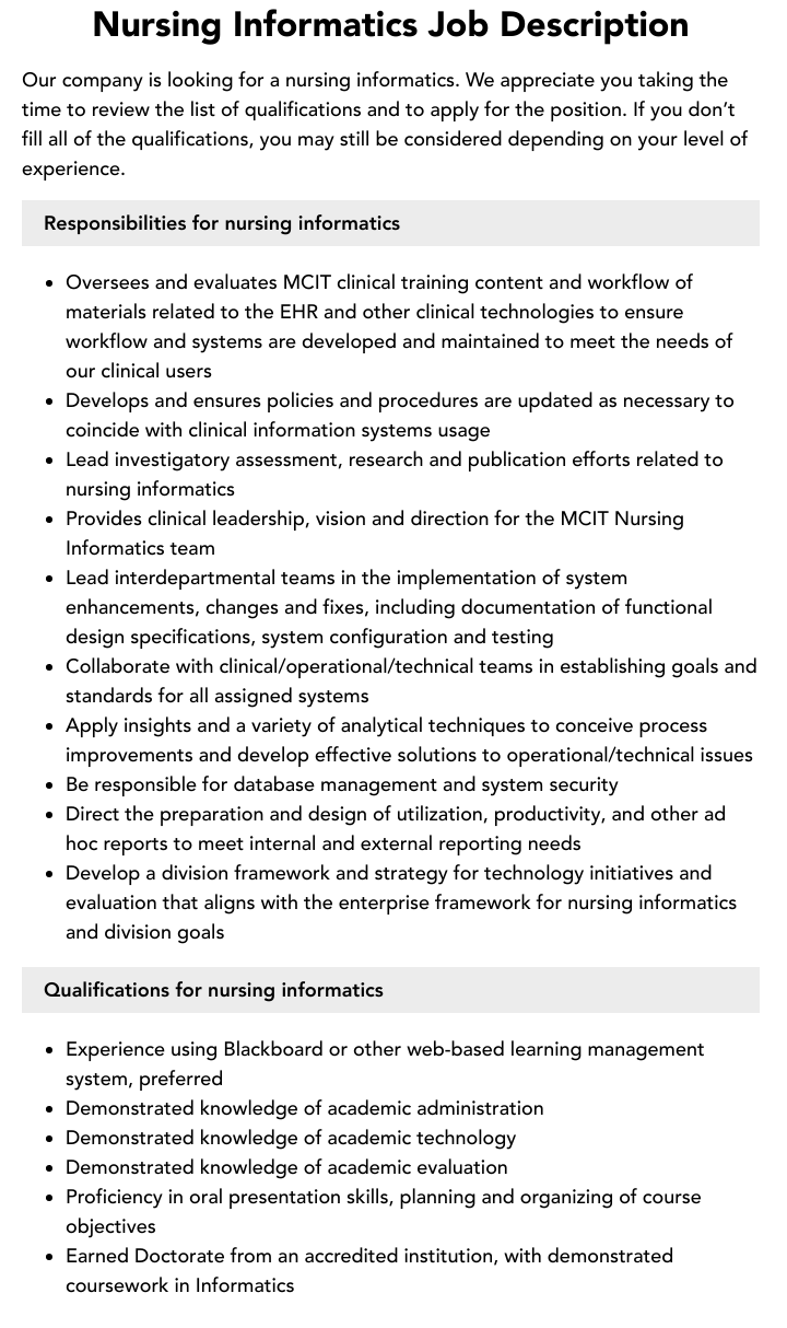 Nursing Informatics Job Description Velvet Jobs