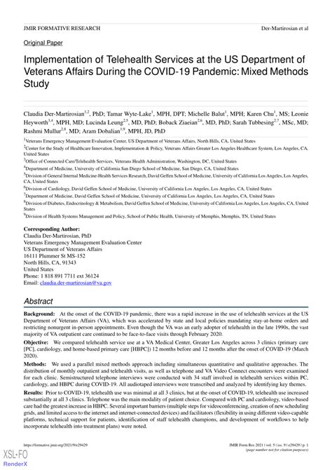 Pdf Implementation Of Telehealth Services At The Va During Covid 19 Preprint