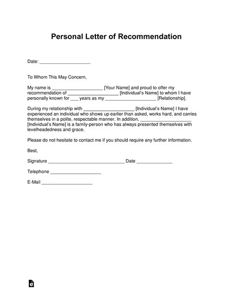 Personal Letter Of Recommendation