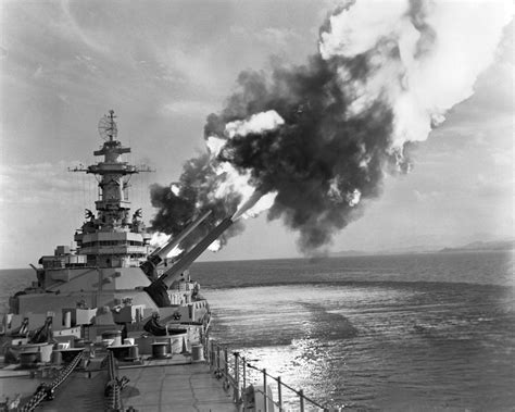 Photo Battleship New Jersey Firing A Six Gun Salvo At An Enemy Troop