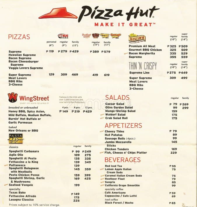 Pizza Hut Menu Printable