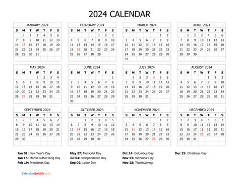 Printable Calendar For 2024 With Holidays