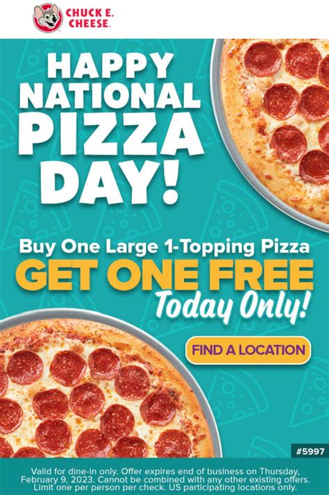 Second Pizza Free Today At Chuck E Cheese Chuckecheese The Coupons App