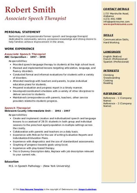 Speech Therapist Resume Samples Qwikresume