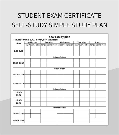 Student Exam Certificate Self Study Simple Study Plan Excel Template And Google Sheets File For