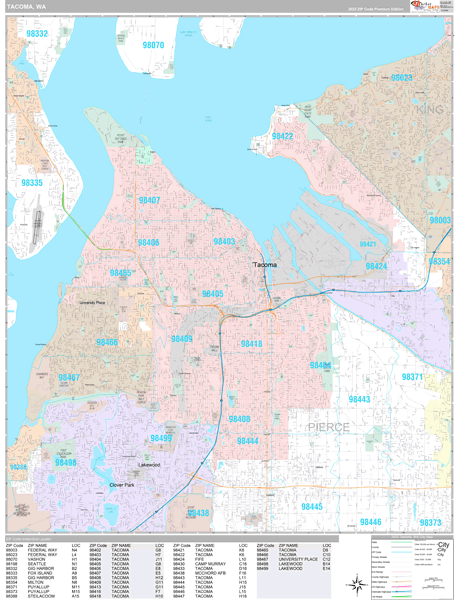 Tacoma Washington Zip Code Wall Map Red Line Style By Marketmaps