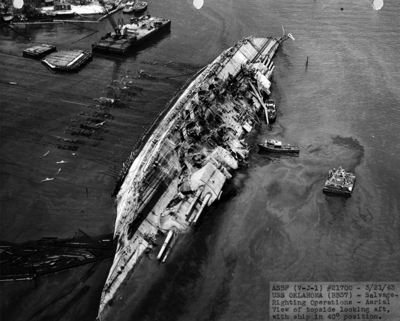 Uss Oklahoma Bb 37 During Righting Operations Pearl Harbor March 21