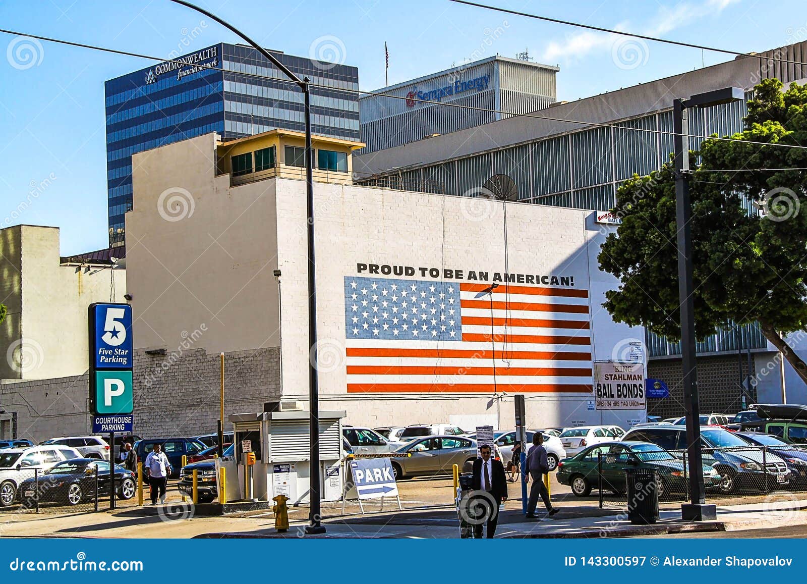 View Of One Of Parking Place In San Diego Big American Flag On The Wall Editorial Photography