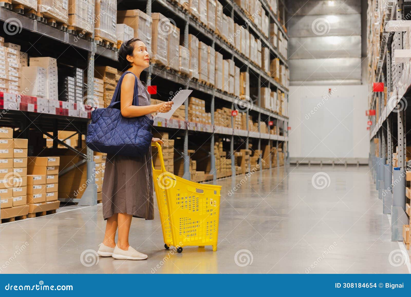 Woman With Cart Looking For Houshold Goods On A Warehouse Stock Photo Image Of Business