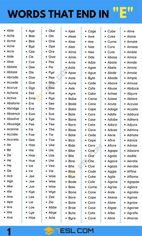 Words That End In E 1400 English Words 7Esl